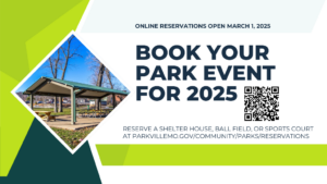 Online reservations open March 1, Book Your Park Event for 2025 flyer with QR code