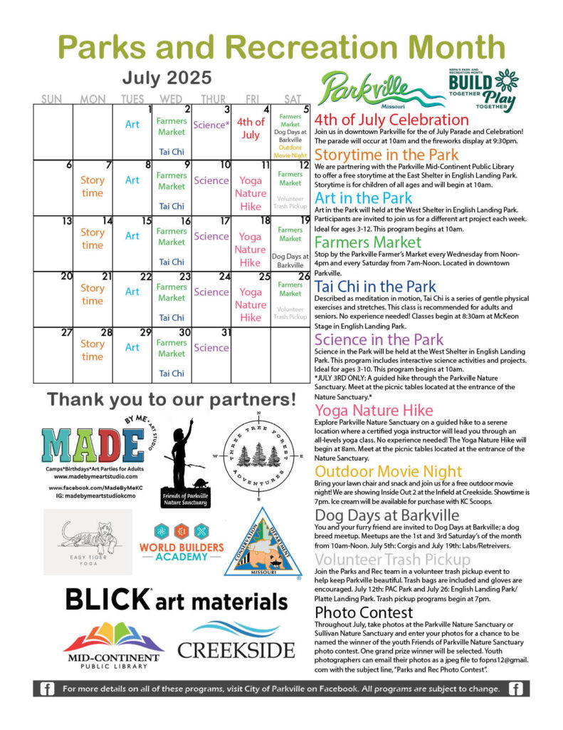 Parks and Recreation Month flyer with calendar of events and descriptions of each event