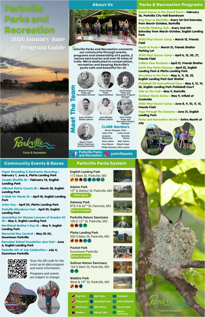 Image of parks and recreation program guide with list of parks and programs